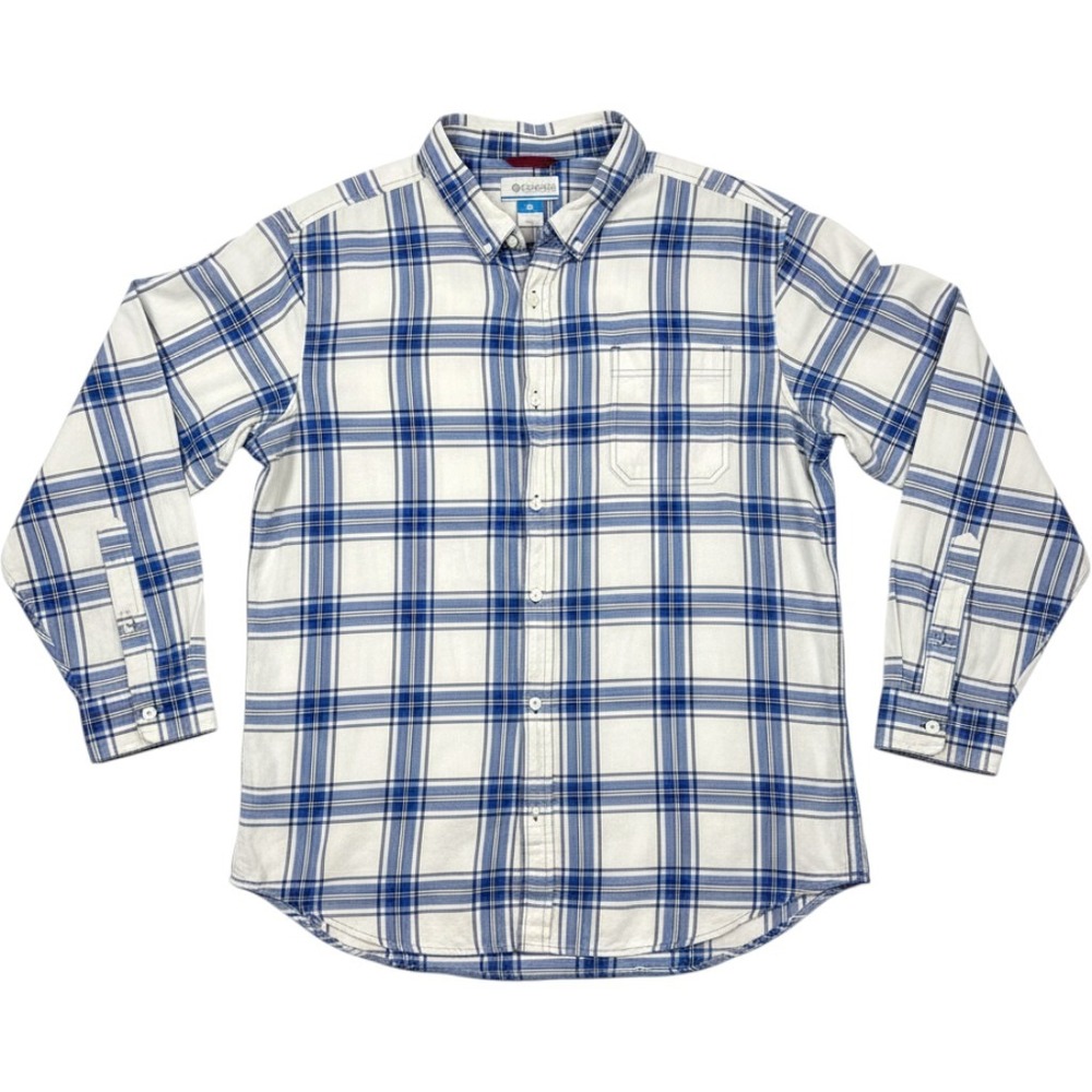 Columbia Mens XXL Blue White Plaid Long Sleeve Button Down Shirt Herringbone